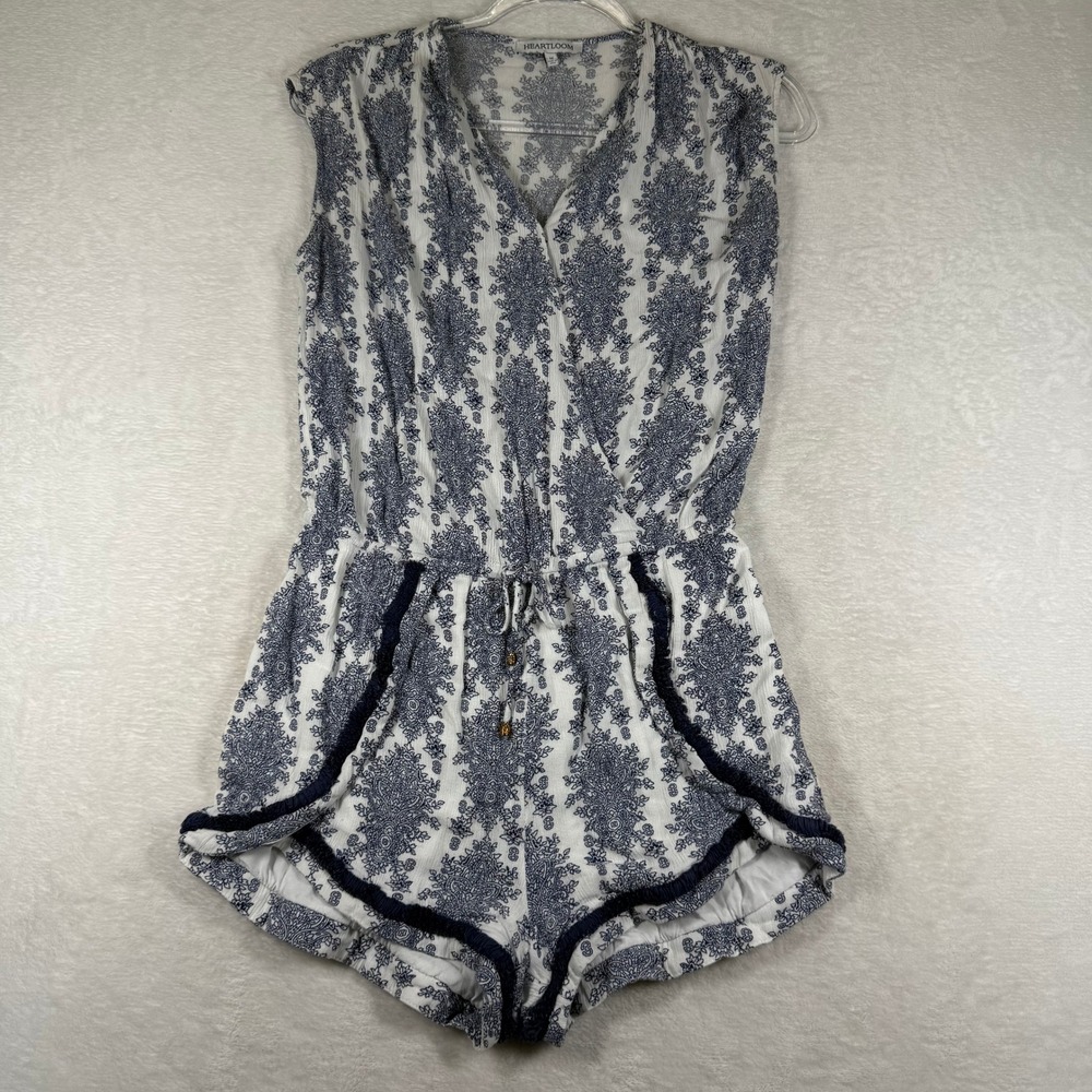 Heartloom Womens Navy Blue White Paisley Damask Sleeveless Romper Size Medium